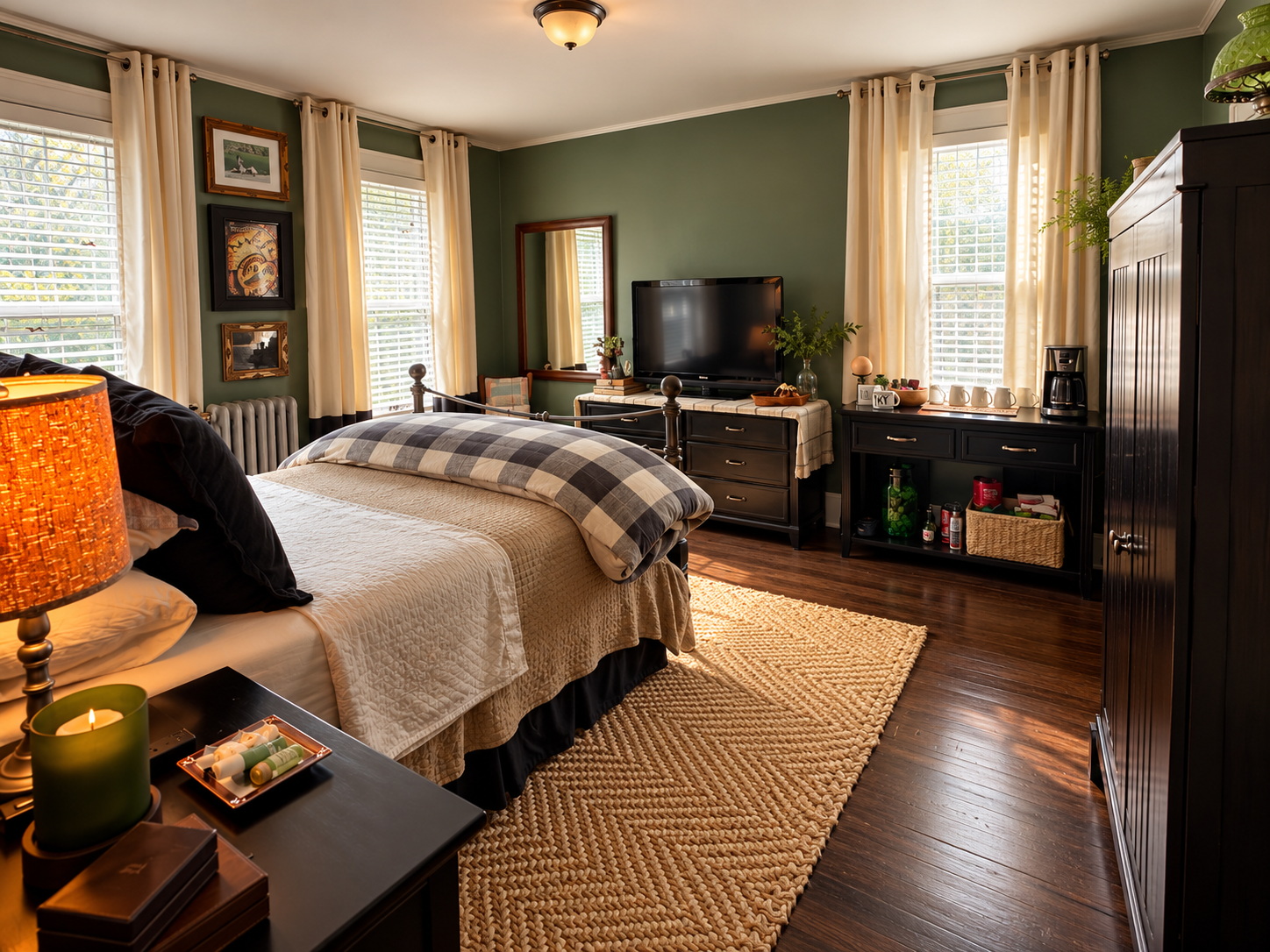 Wide view of The Kentucky guest room showing the bed, coffee bar, dresser, artwork, and dark wood furniture