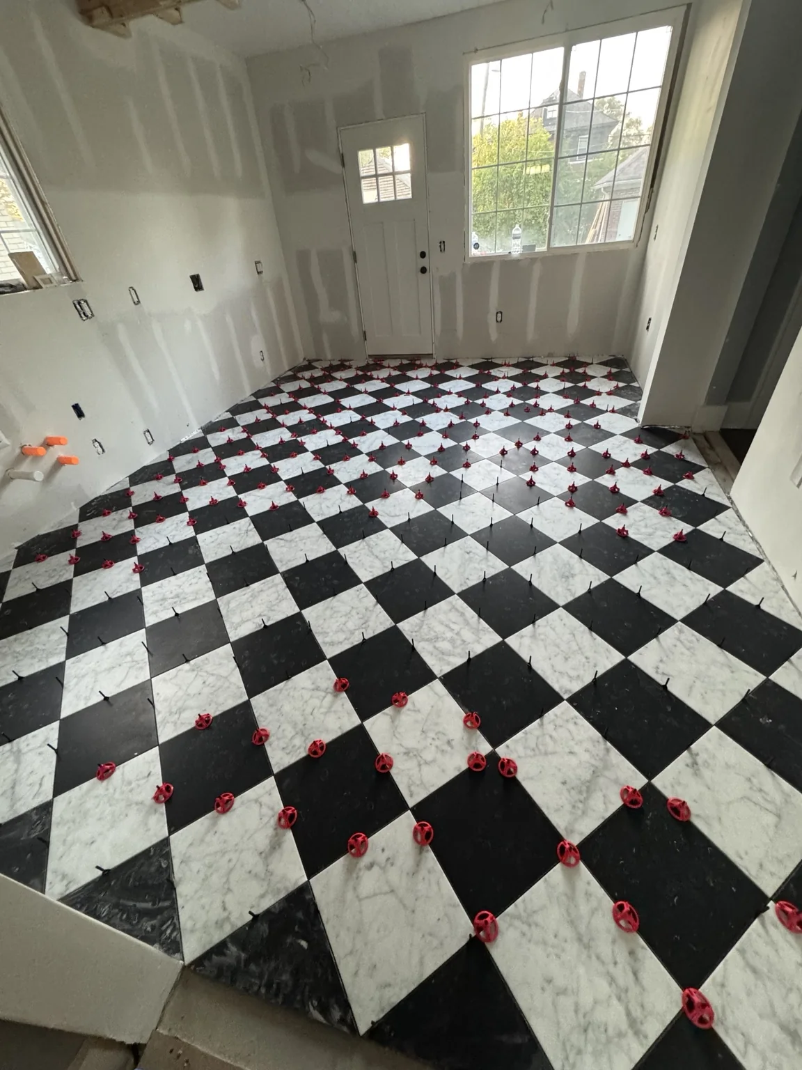 Checkerboard floor installed