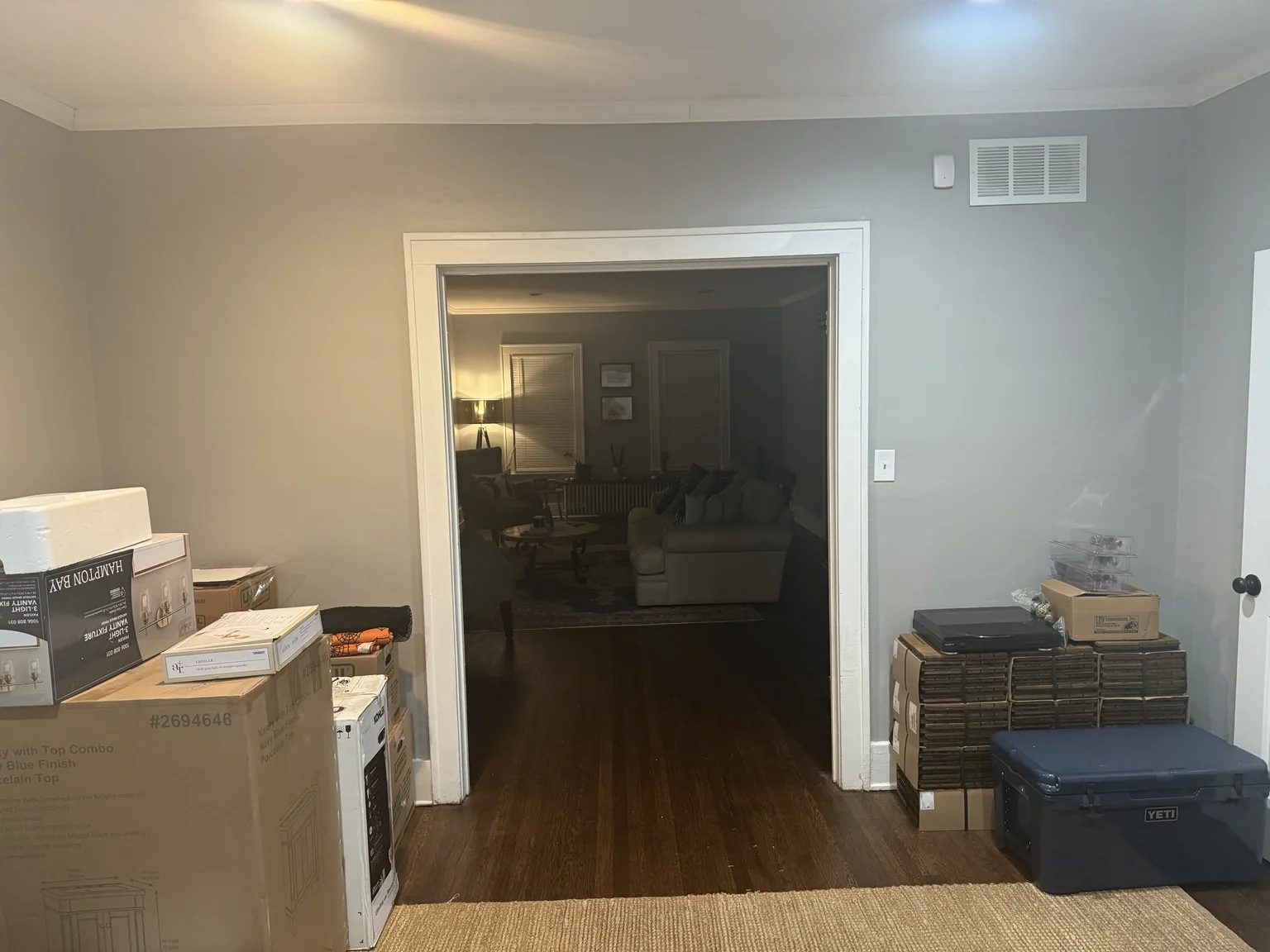 Wide opening between the future library and living room before custom millwork