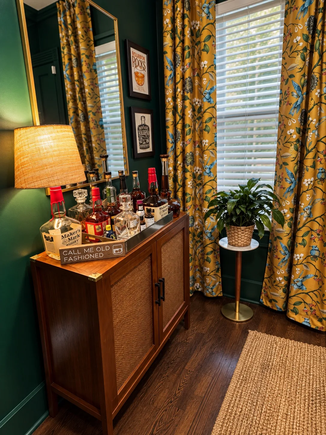Wood bar cabinet with bourbon bottles, brass-framed mirror, and mustard botanical curtains in the green library