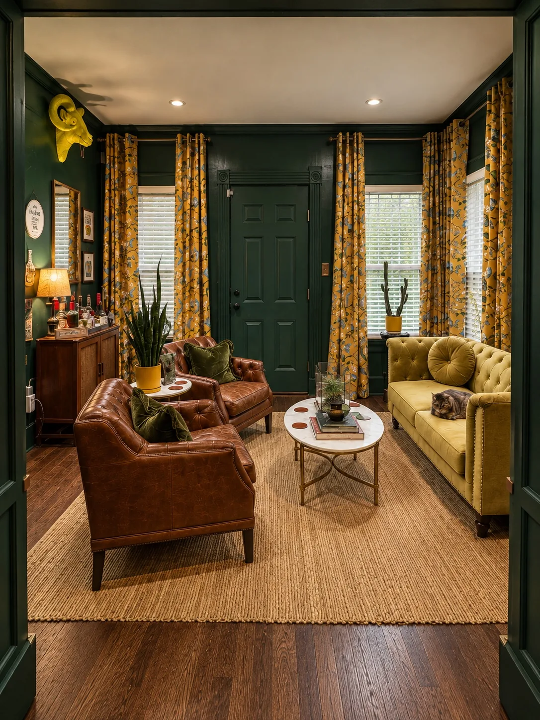 Deep-green library seating area with leather chairs, mustard velvet sofa, patterned curtains, and a cat