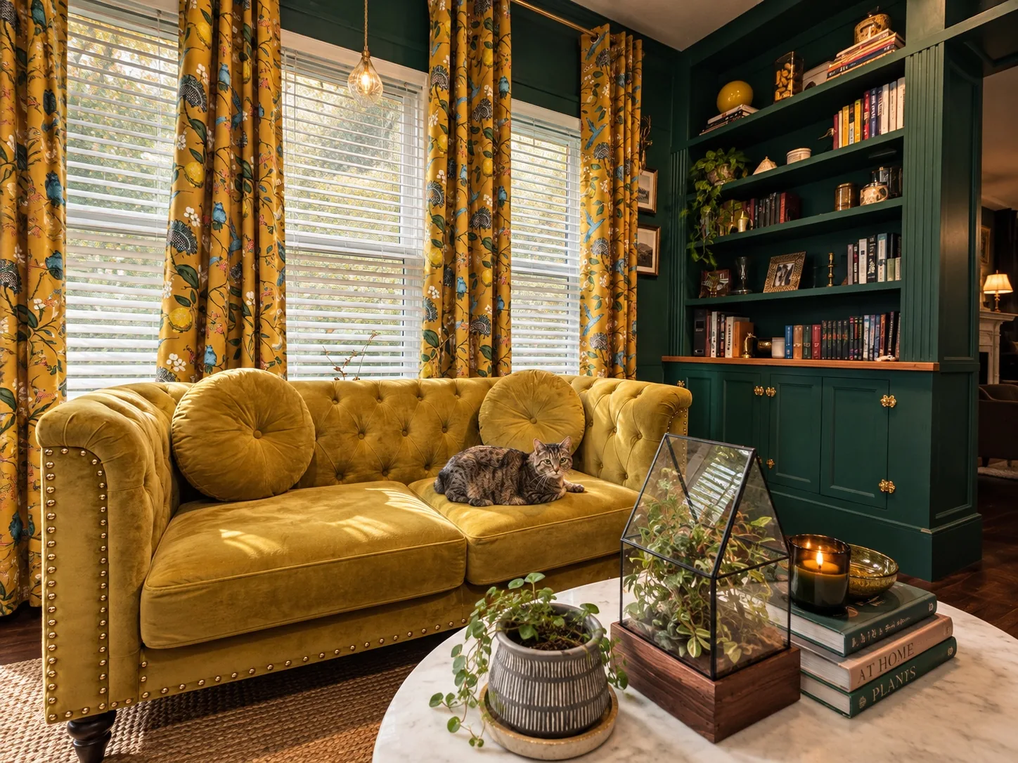 Mustard velvet sofa with cat in the finished green library, with custom bookcases, plants, and marble coffee table