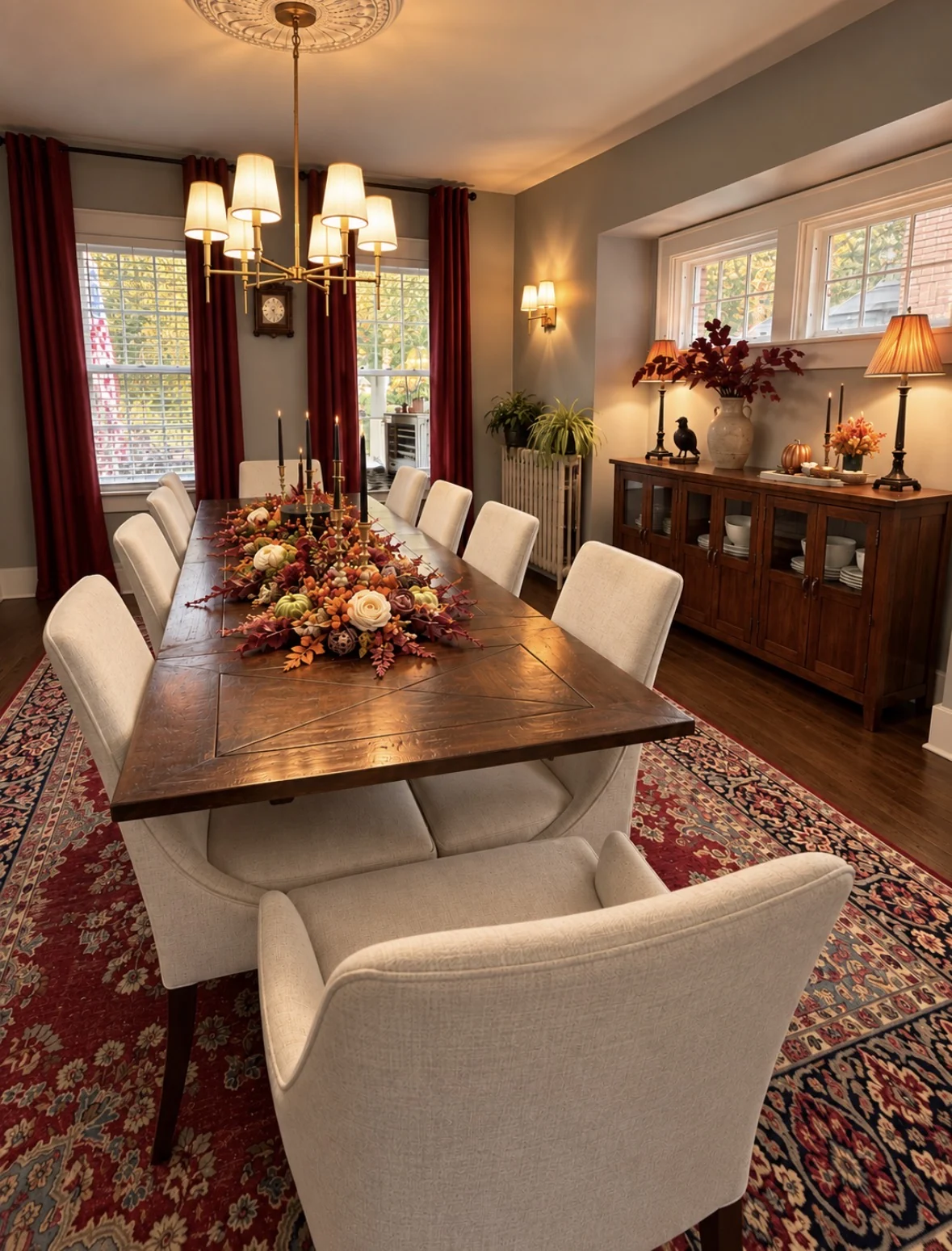 Dining room dressed for fall with a long seasonal centerpiece and sideboard styling