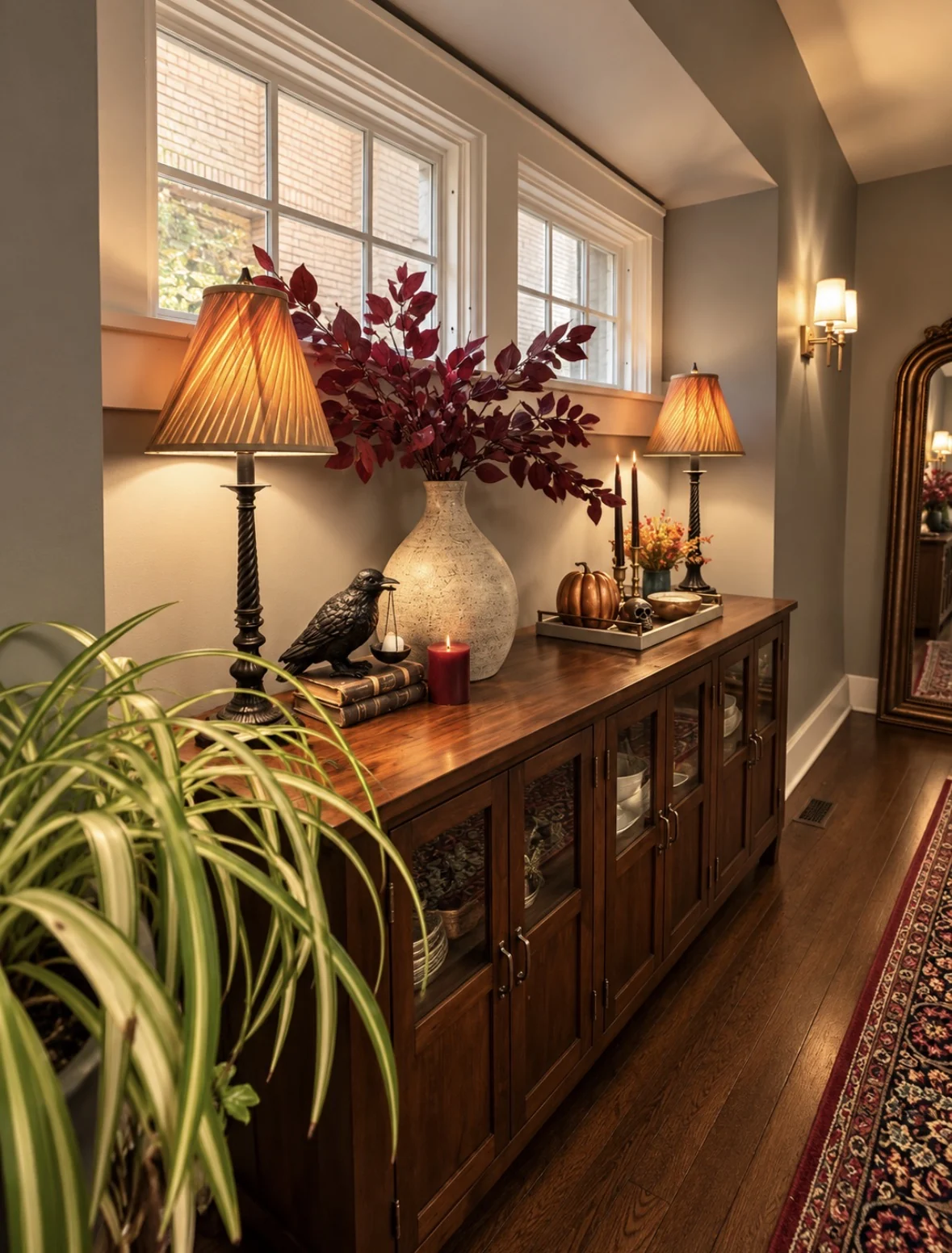 Angled view of the dining room sideboard with burgundy branches and candlelight