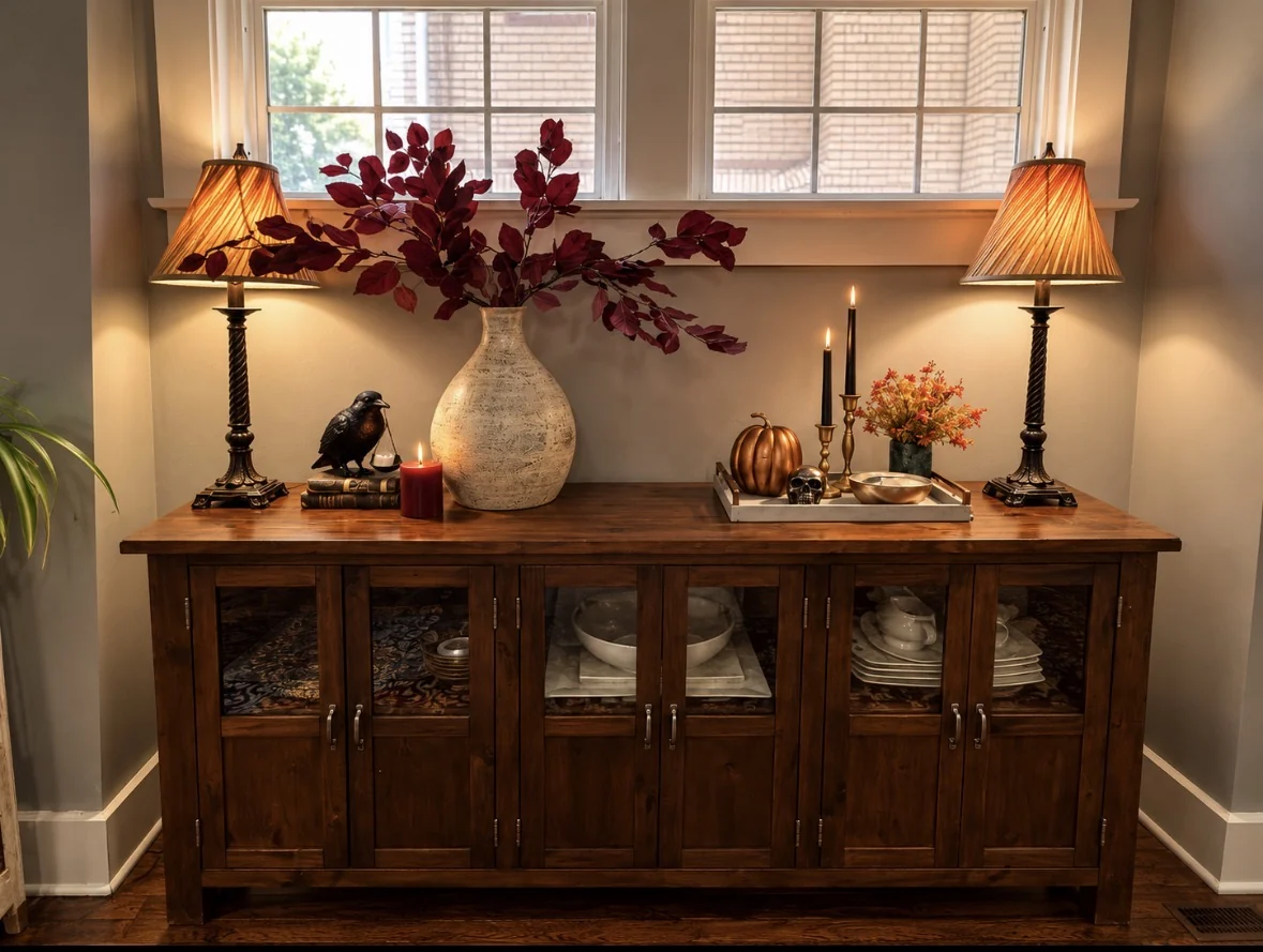 Front view of the dining room sideboard styled with lamps, branches, candles, and autumn accents