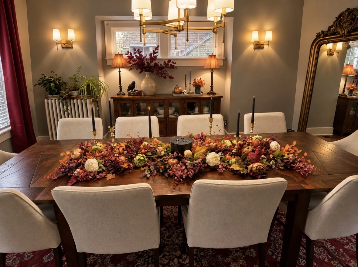 Dining table styled for fall with a long floral centerpiece and black taper candles