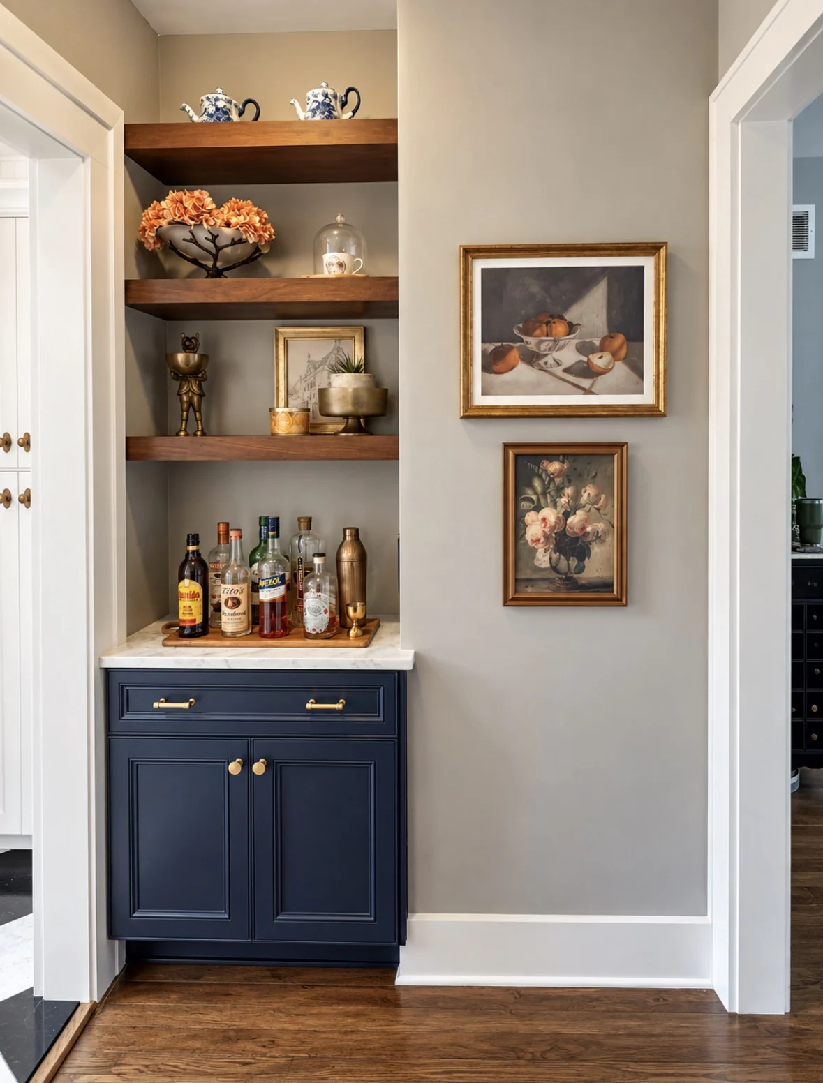 Back hall bar shelves with blue cabinetry, warm wood shelves, and small seasonal touches
