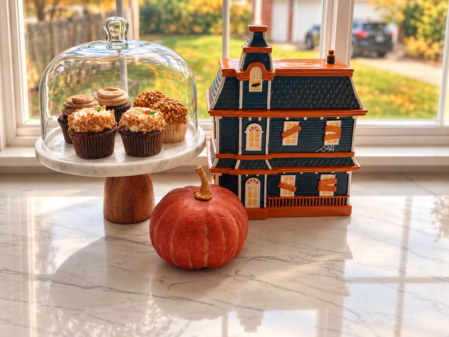 Cupcakes beneath a glass cloche beside a haunted house cookie jar and rust-colored pumpkin on the kitchen counter