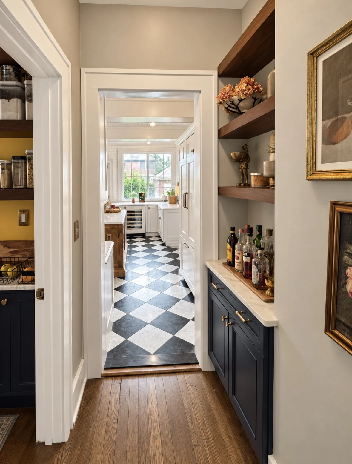 View from the passage into the kitchen showing fall styling carrying through the back hall