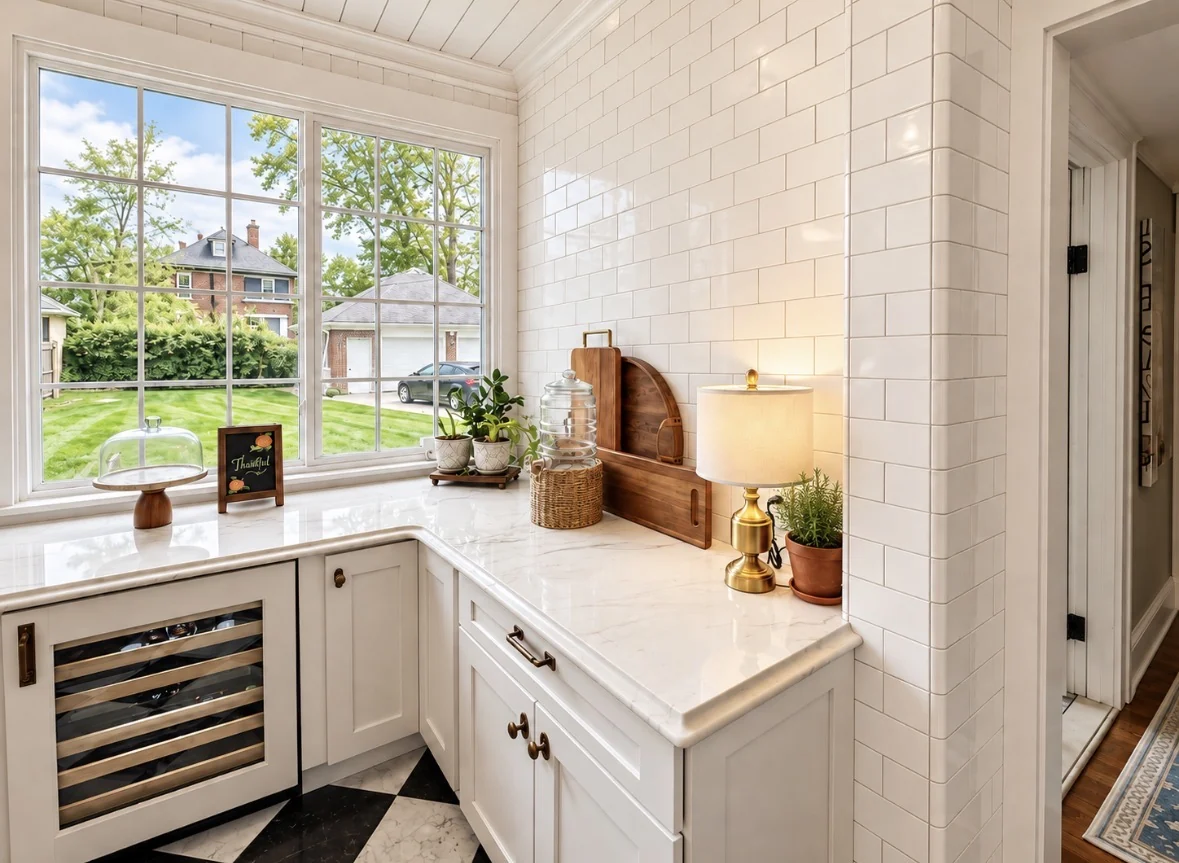 Kitchen window corner with lamp, greenery, and subtle seasonal accents
