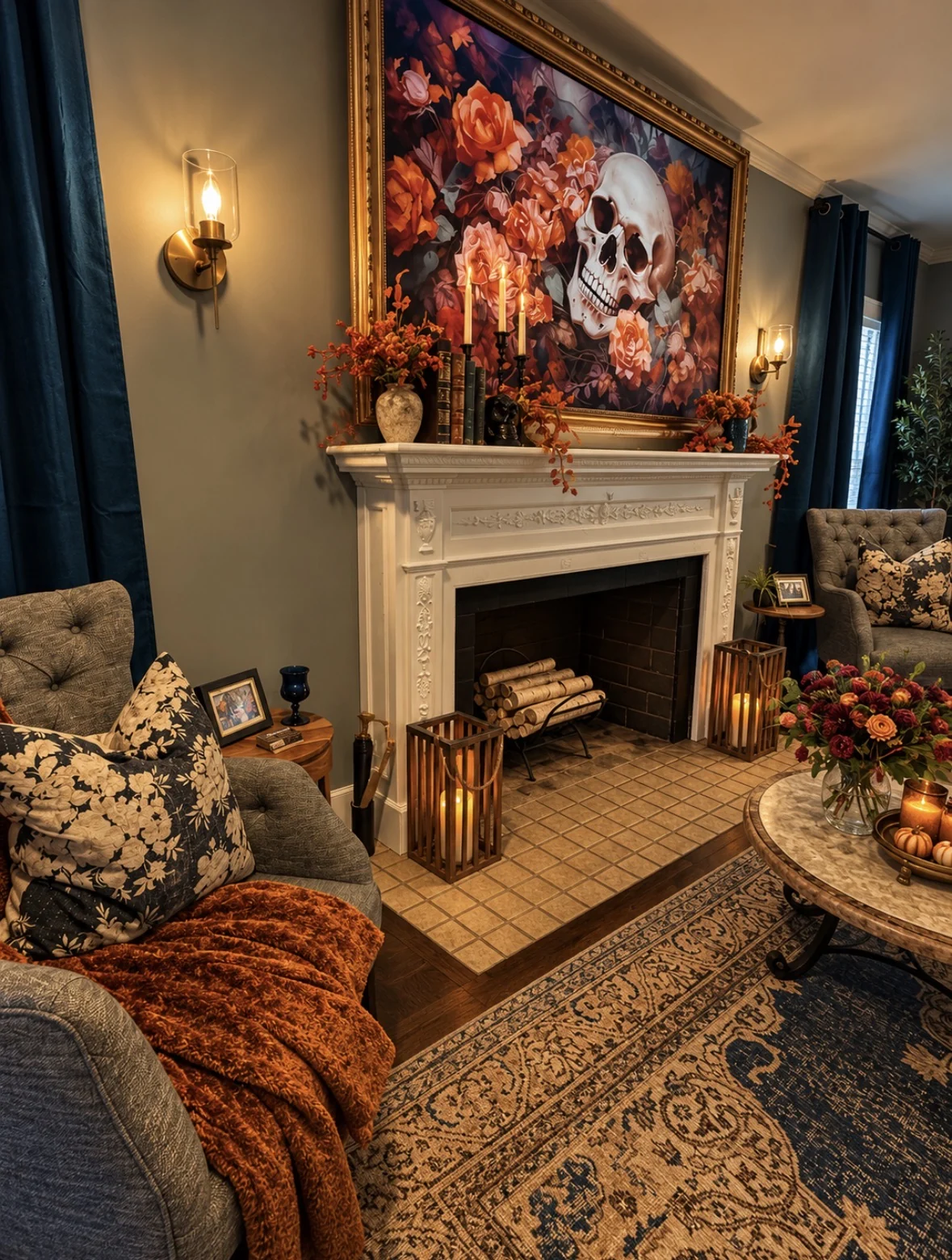 Angled view of the living room fireplace and mantel with fall and Halloween styling