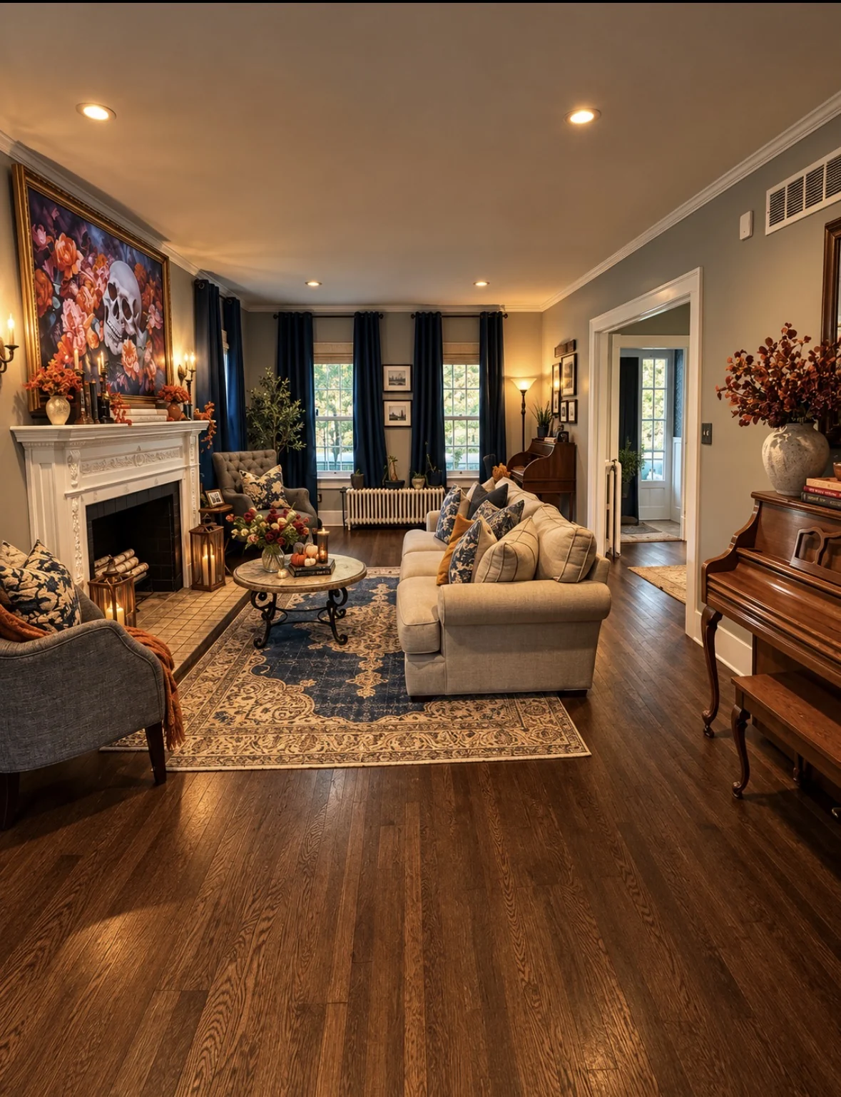 Wide portrait view of the living room decorated for fall and Halloween