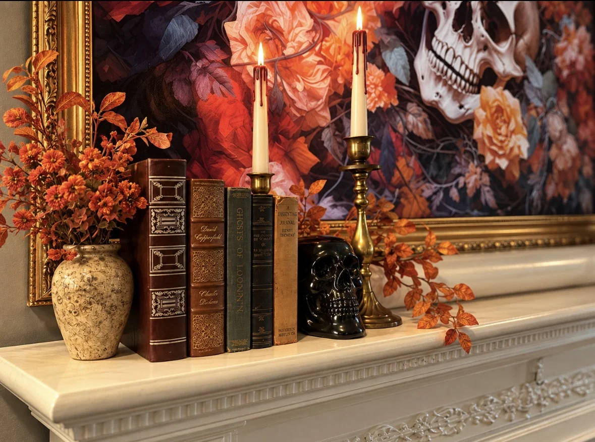 Close detail of the mantel styled with books, florals, black skull, and candles